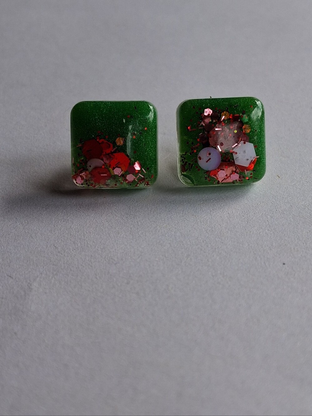 Hand Crafted Green Square Resin Stud Earrings with Pink and Red Confetti
